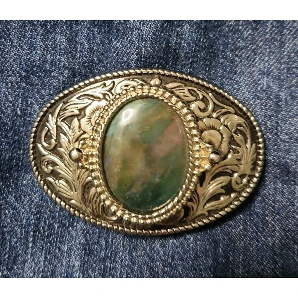 Vintage Western Style Oval Silver Tone Filigree Belt Buckle Green Agate Cabochon